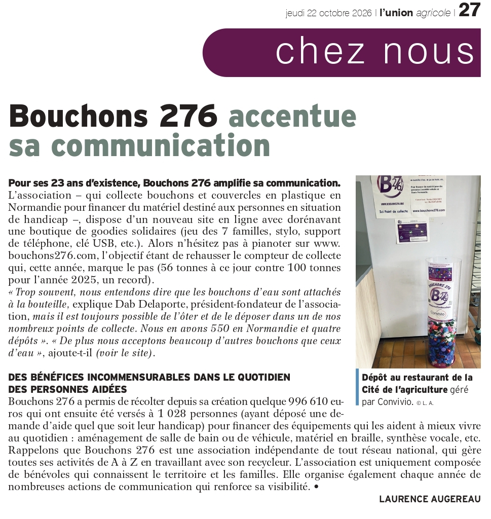 Article de L’Union agricole du 22 octobre 2026 : Bouchons 276 accentue sa communication